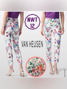 Van Heusen White Stretch Floral Pull-On Crop Pants (12)